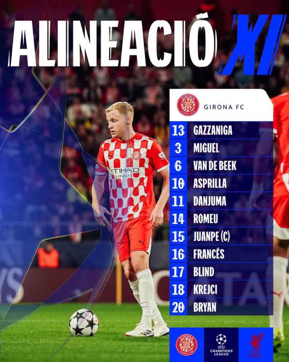 🔄Francés y Juanpe entran al once, Blind juega de lateral, Miguel vuelve a ejercer de volante y Danjuma sale como nueve por la lesión de Miovski.

🤩Un partido histórico. Girona - Liverpool.

🎙️Lo contamos en <a href="/tjcope/">Tiempo de Juego</a> con Rubén Martín, <a href="/albert_diez/">Albert Díez</a>, <a href="/jorgem075/">Jorge Martínez</a> y todo el equipo.
