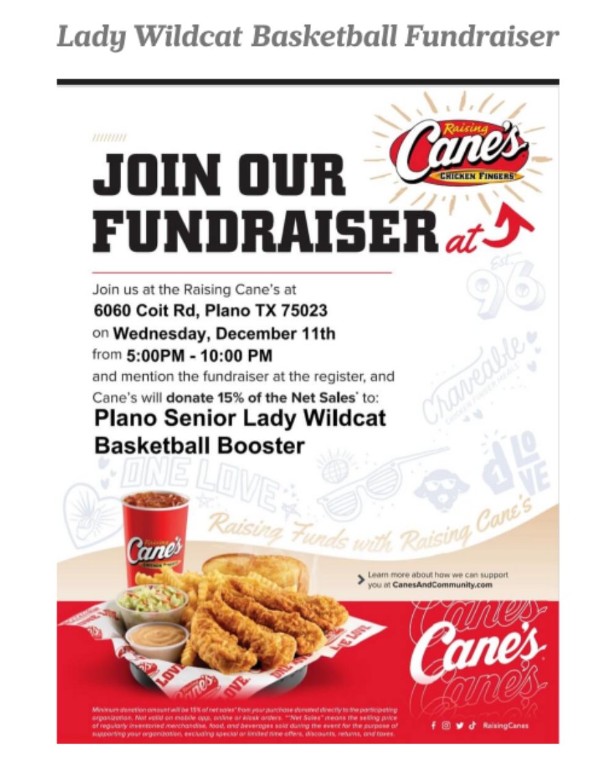 Cheer on the Plano Lady Wildcats! 🐾 Join us at Raising Cane’s (6060 Coit Rd) on Dec 11 from 5-10 PM. Mention the fundraiser, and 15% of sales support the team! 🍗💪 #SupportLocalSports #PlanoPride