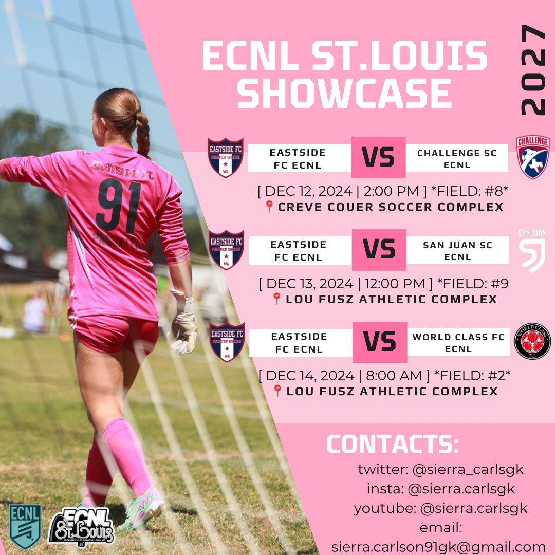 Sierra Carlson | ECNL 2027🧤 (@sierra_carlsgk) on Twitter photo Here is my schedule for #ECNLSTL Super excited for this weekend, and looking forward to competing with these teams! Good luck to everyone attending!
<a href="/ECNLgirls/">ECNL Girls</a> <a href="/WestCoastGK/">West Coast GK</a> <a href="/PrepSoccer/">Prep Soccer ⚽️</a>
<a href="/TopDrawerSoccer/">TopDrawerSoccer</a> <a href="/ImYouthSoccer/">ECNL/GA/Recruiting/College Soccer</a>
<a href="/TheSoccerWire/">SoccerWire</a> <a href="/KeeperKlips/">YouthKeeperKLIPS</a> <a href="/EastsideFC/">Eastside FC</a> Here is my schedule for #ECNLSTL Super excited for this weekend, and looking forward to competing with these teams! Good luck to everyone attending!
<a href="/ECNLgirls/">ECNL Girls</a> <a href="/WestCoastGK/">West Coast GK</a> <a href="/PrepSoccer/">Prep Soccer ⚽️</a>
<a href="/TopDrawerSoccer/">TopDrawerSoccer</a> <a href="/ImYouthSoccer/">ECNL/GA/Recruiting/College Soccer</a>
<a href="/TheSoccerWire/">SoccerWire</a> <a href="/KeeperKlips/">YouthKeeperKLIPS</a> <a href="/EastsideFC/">Eastside FC</a>