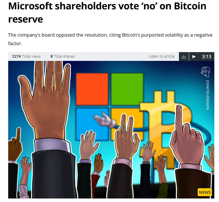 JUST IN 🚨: Microsoft $MSFT votes against buying Bitcoin $BTC