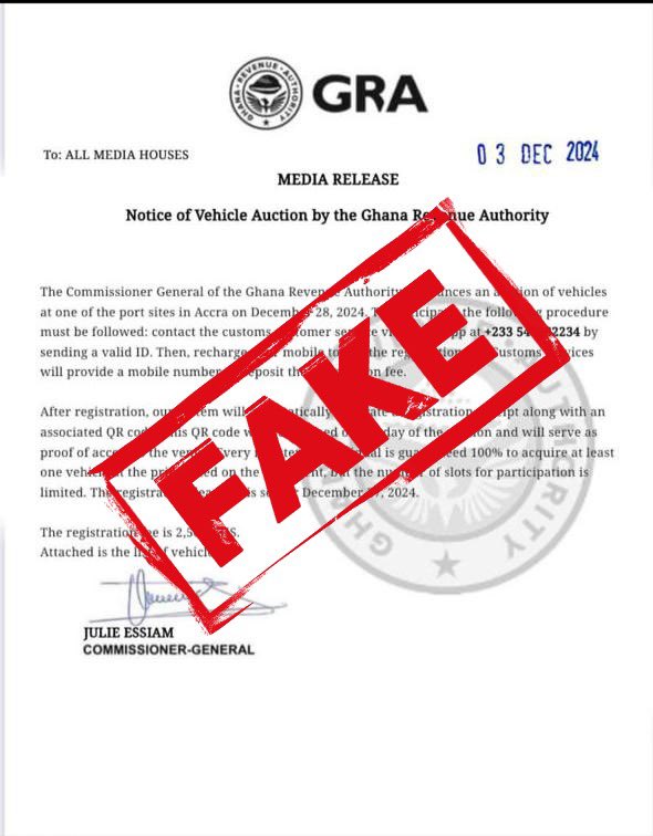 🚨 Disclaimer: This is a notification regarding a fraudulent media release about a vehicle auction by the GRA. Please be aware that any such announcements are not authorized and may lead to misinformation. Always verify information through official channels. Stay informed and