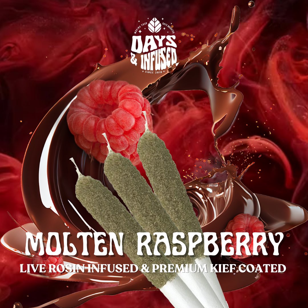 🔥 Now in Ontario &amp; Alberta! 🔥 Molten Raspberry 3x0.5g from Days &amp; Infused are live and ready for sesh! 💨✨ Bold raspberry and rich chocolate flavours, infused with live rosin and premium kief coated—this is the kind of fire you don’t want to miss. 🍫🔥