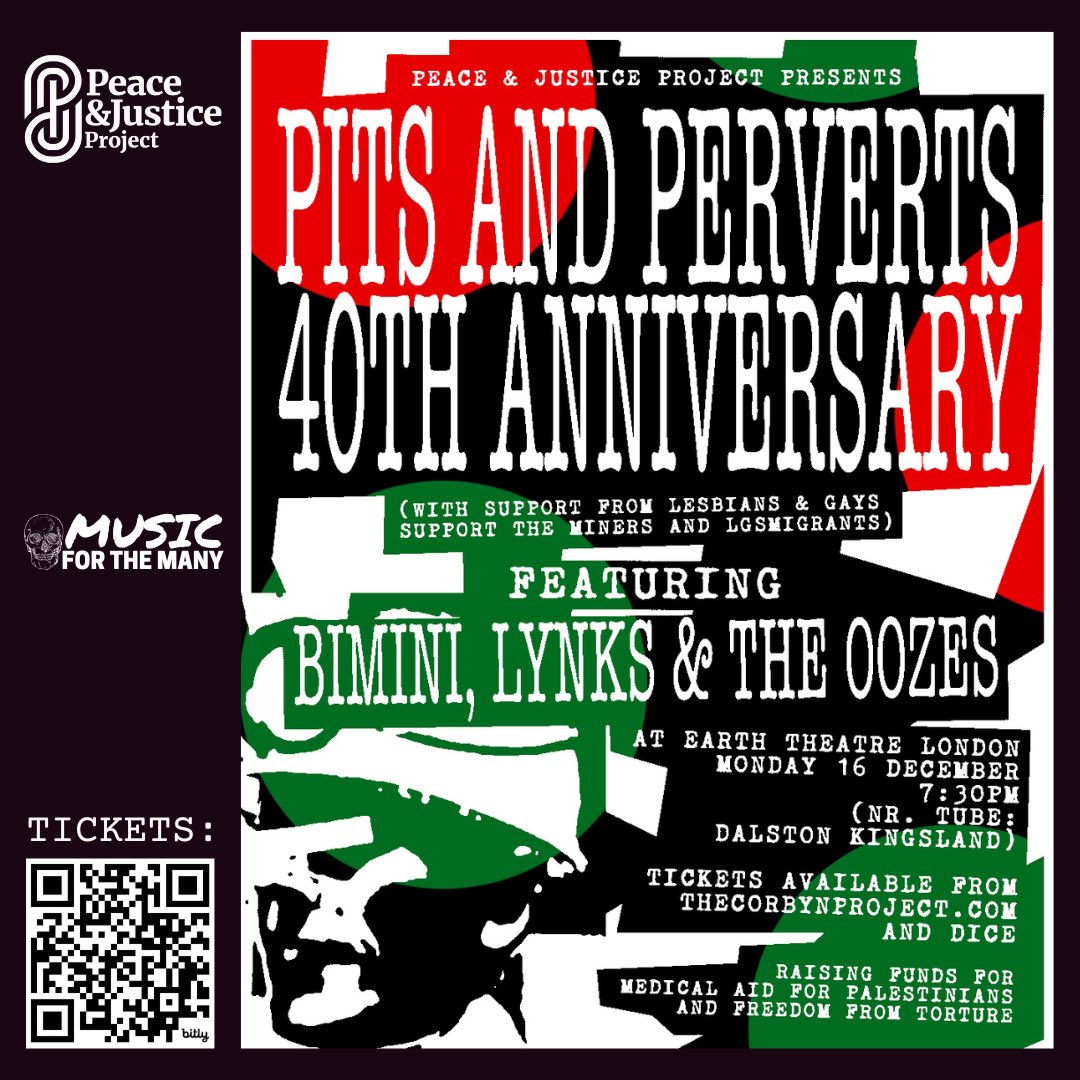 Peace & Justice Project (@corbyn_project) on Twitter photo 4️⃣0️⃣ years on from the original and iconic event, our #MusicForTheMany campaign hosts the Pits & Perverts 40th Anniversary concert at <a href="/EartHackney/">EartH</a> on 16 December, featuring <a href="/biminibabes/">BÎмÎηÎ</a>, <a href="/LynksLynksLynks/">Lynks</a>, <a href="/TheOozes/">THE OOZES ❤️🔥</a> and <a href="/jeremycorbyn/">Jeremy Corbyn</a>!
🎟️ Tickets: bit.ly/PP40 4️⃣0️⃣ years on from the original and iconic event, our #MusicForTheMany campaign hosts the Pits & Perverts 40th Anniversary concert at <a href="/EartHackney/">EartH</a> on 16 December, featuring <a href="/biminibabes/">BÎмÎηÎ</a>, <a href="/LynksLynksLynks/">Lynks</a>, <a href="/TheOozes/">THE OOZES ❤️🔥</a> and <a href="/jeremycorbyn/">Jeremy Corbyn</a>!
🎟️ Tickets: bit.ly/PP40