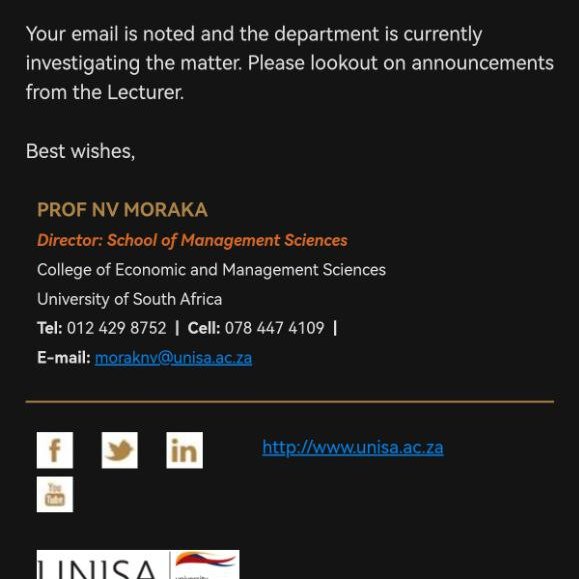 Kgotlhello67042's tweet photo. UNISA Exam Results Dispute! 2 months waiting, unjustified 6% scores Lecturers' responses inadequate No transparency in marking @UNISA, explain! #UNISA #ExamResults #Transparency #MNG3702 #6% https://t.co/86pv2T1z8c