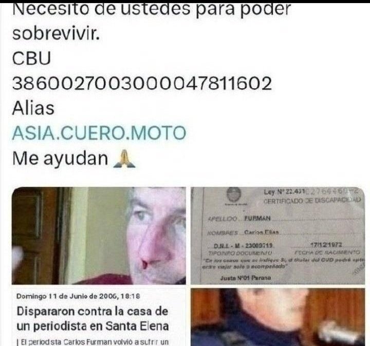 FurmanElias's tweet photo. Por el amor de Dios me ayudan con un vuelto,el valor de un alfajor ,o lo que cuesta una tableta de diclofenac o enalapril, necesito comprar insumos y comenzar tratamientos contra anemia severa  y otras enfermedades ahora con una terrible gripe!
No doy más 😢
De rodillas ayuda🙏RT https://t.co/i9Nye4Ii5p