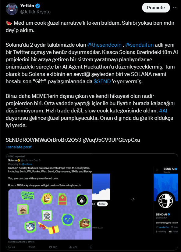 JetkinFinans's tweet photo. 🔥 Solana resmi hesabından ilk $SEND AI Hackathon tweeti geldi! :) NE DEDİYSEK O!

Şüphe edenler, şüphe etsin. Araştıranlar, güvenenler kazanmaya devam ediyor. Daha yeni başlıyoruz. @ai16zdao partnerler arasında. Ondan gelecek bir tweetle neler olur?

https://t.co/NfhkUqHNYf https://t.co/Mdd6Z2zj0V