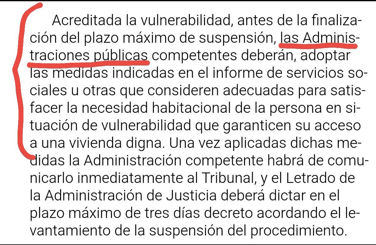 Lo que urge es que las Administraciones Públicas adopten de una vez las medidas para garantizar la solución habitacional en caso de vulnerabilidad como exige el RD 37/20.

Estáis cargando vuestra incompetencia en Juzgados y propietarios.

Estamos viendo situaciones dramáticas.