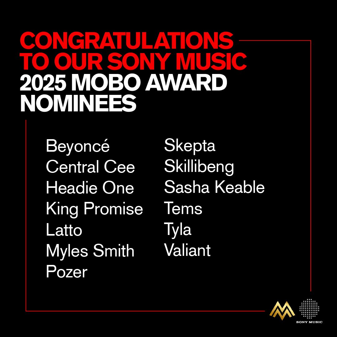 Congratulations to our Sony Music UK 2025 @moboawards nominees 👏