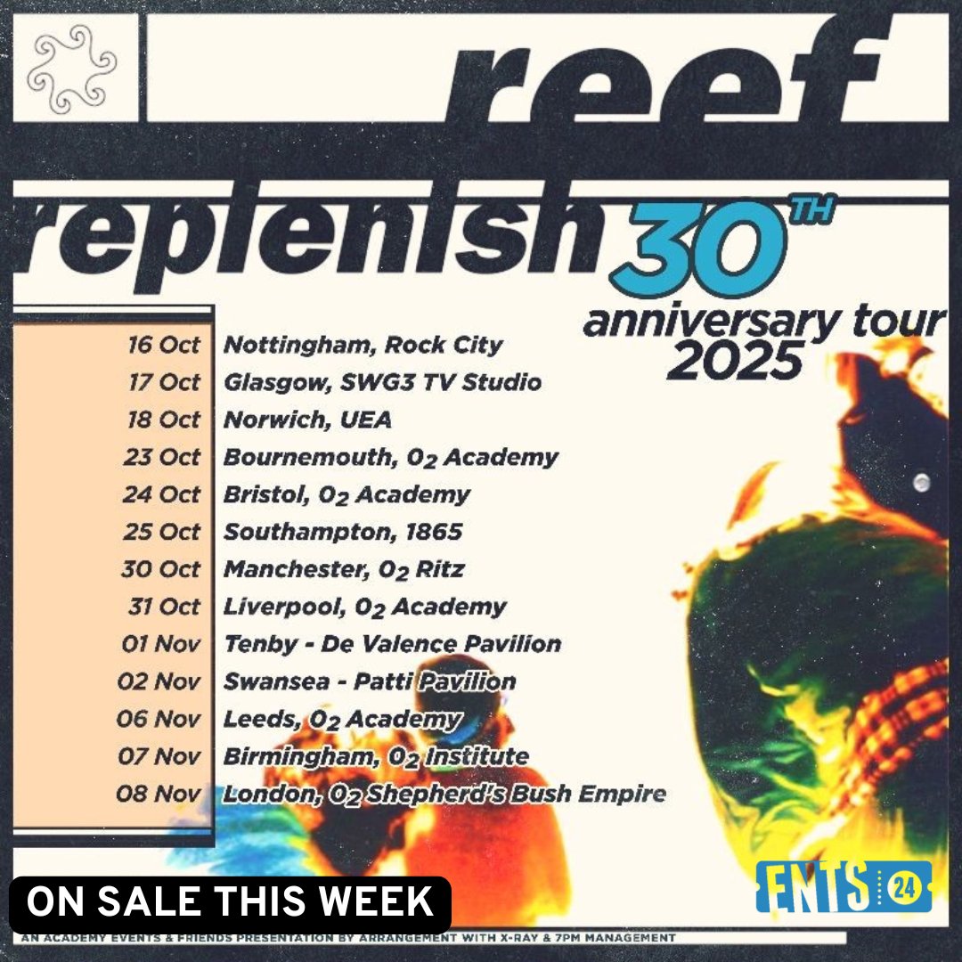 🎶 Put your hands up! #Reef are hitting the road next autumn to mark three decades since Replenish - the album that launched them into the Top 10 and onto the map. 🙌
🗓 Tickets go on sale Friday December 13th at 10am: 
🎟️ ents24.com/uk/tour-dates/…
#LiveMusic #ents24 #90smusic
