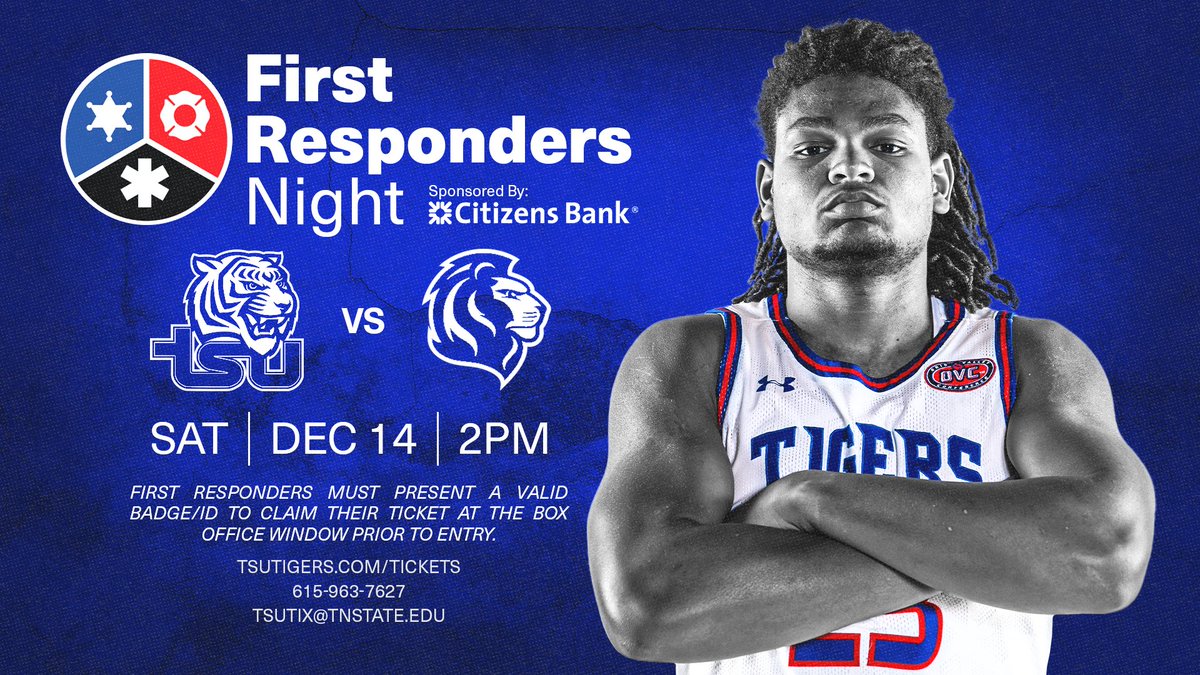 Tennessee State Men's Basketball (@tsutigersmbb) on Twitter photo Join us for one final home game before the New Year this Saturday at 2 PM!
Weโll be hosting a Toy Drive, with all donations benefiting Metro Parks Nashville, and celebrating First Responders Night!
#RoarCity x #D2W Join us for one final home game before the New Year this Saturday at 2 PM!
Weโll be hosting a Toy Drive, with all donations benefiting Metro Parks Nashville, and celebrating First Responders Night!
#RoarCity x #D2W