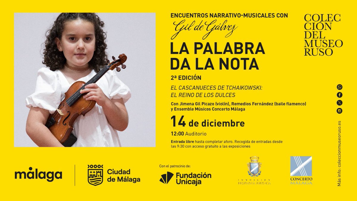 “El cascanueces de Tchaikowki: el reino de los dulces”.

Regresa “La palabra da la nota” de la mano de <a href="/GildeGalvez/">𝙂𝙞𝙡 𝙙𝙚 𝙂á𝙡𝙫𝙚𝙯 🇪🇺</a> y estará acompañado de la joven violinista Jimena Gil Picazo, Remedios Fernández (baile) y Ensemble Músicos <a href="/ConcertoMalaga/">Concerto Málaga</a>

-Fundación <a href="/HispaniaMusica/">Fundación Hispania Música</a>