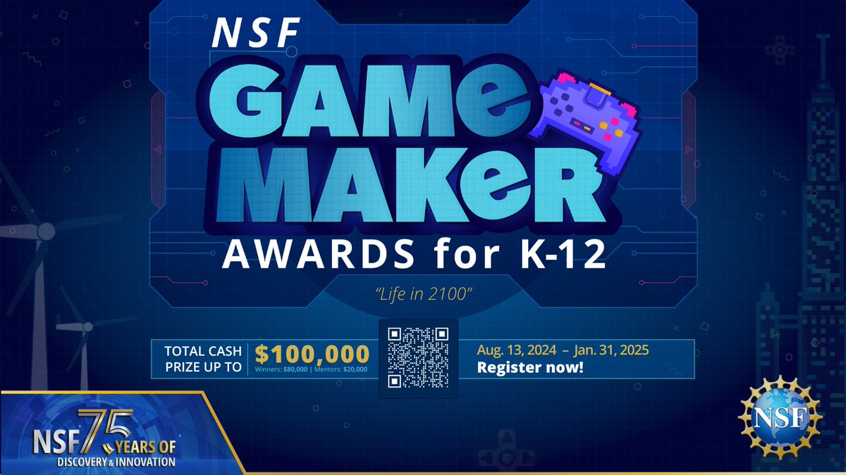 The U.S. National Science Foundation (<a href="/NSF/">U.S. National Science Foundation</a>) Game Maker Awards is a video game design competition for K-12 students. The deadline for entries is January 31, 2025. Learn more: new.nsf.gov/75years/game-m… #NSFSTEM #Edchat #NGSSchat #EdTech #Gaming #STEMEd