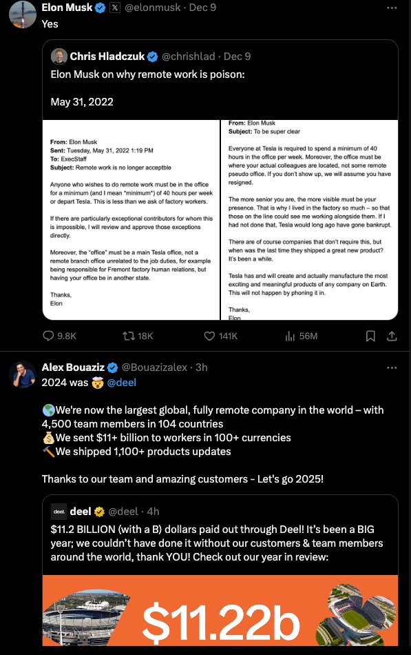 LukeRHenry's tweet photo. Two very contrary opinions in my feed, one after the other; which one should I believe...  @elonmusk emphasizing the poison of remote work vs. @Bouazizalex celebrating being the largest remote team in the world?  🤪 https://t.co/Gk8wtjMXsU