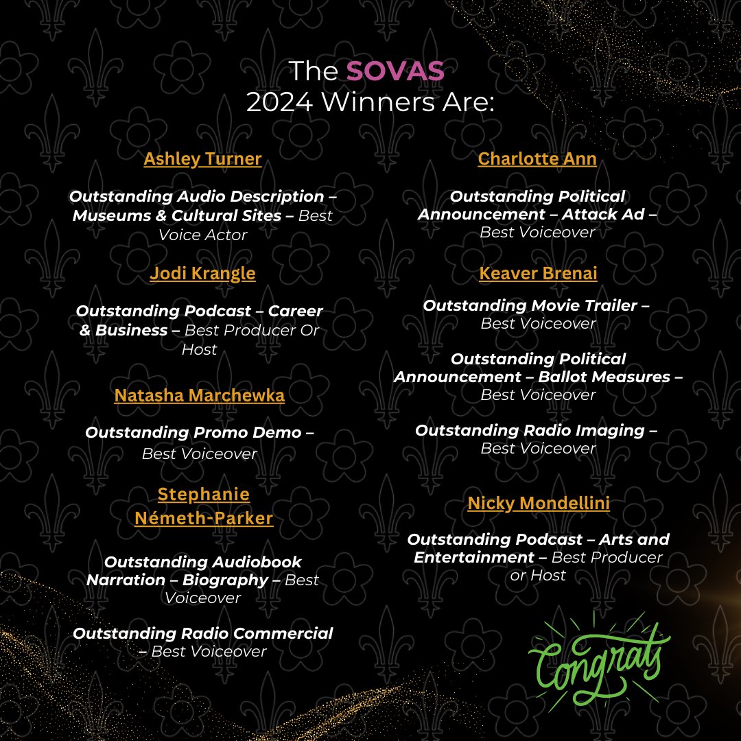 Extremely proud of our VO Château talent who won 2024 SOVAS Awards over the weekend. Congratulations!🎉

#sovas2024 #sovasawards #sovas #csm #voiceover #votalent #celiasiegelmanagement #vo