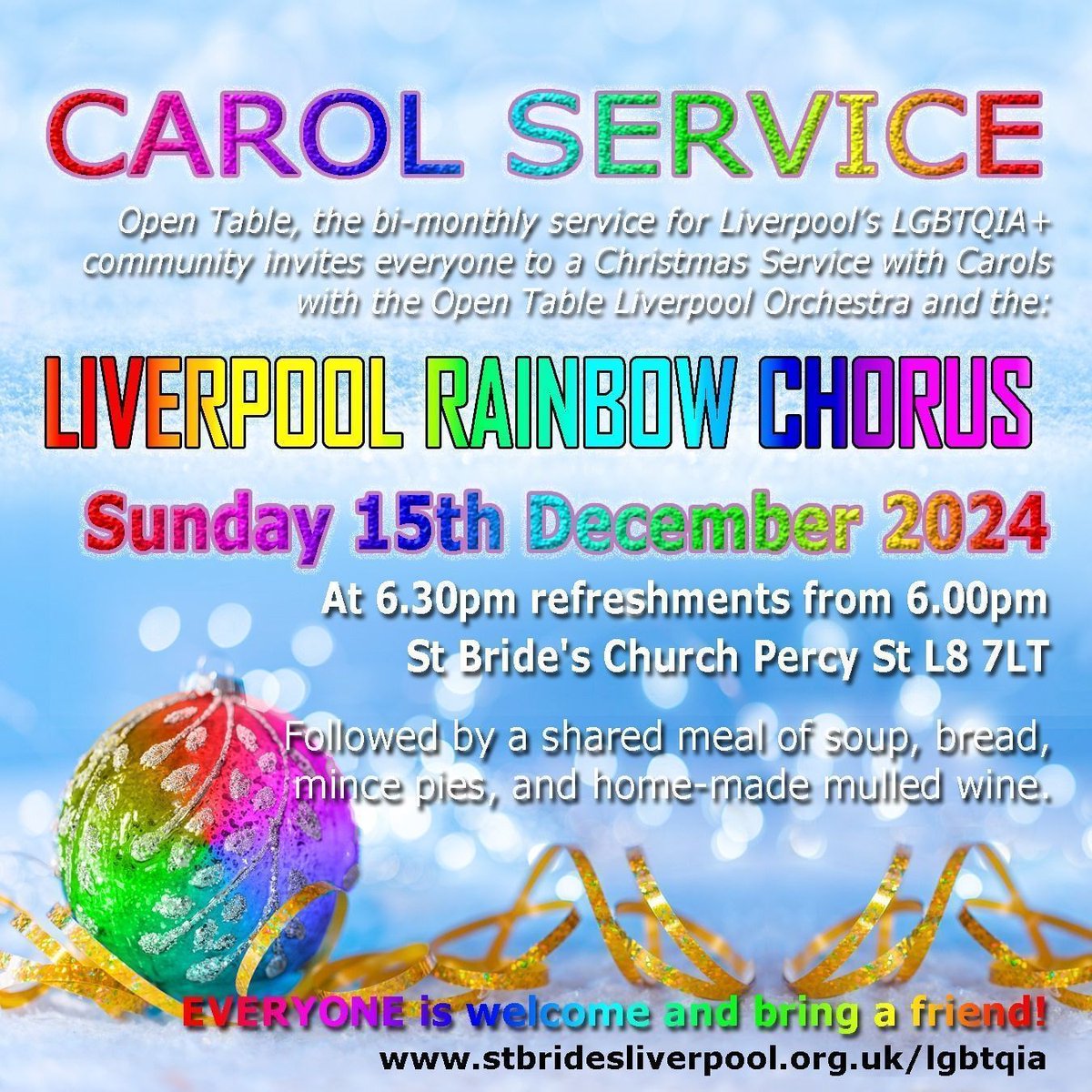 🎄 YOU'RE #MoreThanWelcome to join the Open Table Liverpool Christmas Carol Extravaganza!

🗓️ Sun 15 Dec 2024, 6:30pm
📍 St Bride’s Church, Liverpool

✨ Carols, readings &amp; festive supper
🌈 #ComeAsYouAre to this joyful celebration!

#LGBTQIA #Christmas #Liverpool #PlaceToBelong
