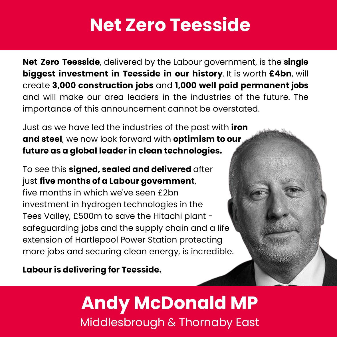 AndyMcDonaldMP's tweet photo. Net Zero Teesside, delivered by the Labour government, is the single biggest investment in Teesside in our history.
Worth Β£4bn, 3,000 construction jobs and 1,000 well paid permanent jobs.
The importance of this announcement cannot be overstated.
#NetZeroTeesside https://t.co/Sgg6AShnE6