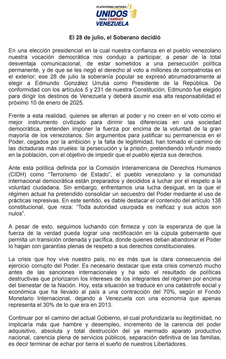 unidadvenezuela's tweet photo. Posición unánime de todas las fuerzas democráticas que conforman la Plataforma Unitaria junto a la líder @MariaCorinaYA y el presidente electo @EdmundoGU. #Comunicado #28JElSoberanoDecidió https://t.co/SJQ4uKuRPp