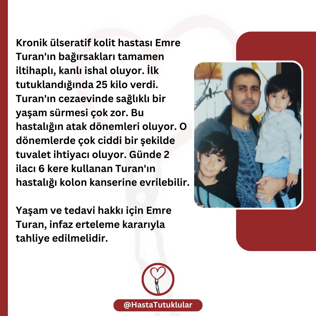 Hasta_Yakinlari's tweet photo. Ülseratif kolit hastası Emre Turan, kolon kanserine bir adım uzaklıkta. Cezaevinde 25 kilo verdi ve günde 2 ilacı 6 kere kullanıyor.

Cezaevi şartları, Emre Turan ve kanser , yaşlı hastalar için uygun değil!
@nilayornek
@melisalphan

CezaevindeÇocuk Olmak #TSvGS #GSvTS https://t.co/4t6IRUWvKn