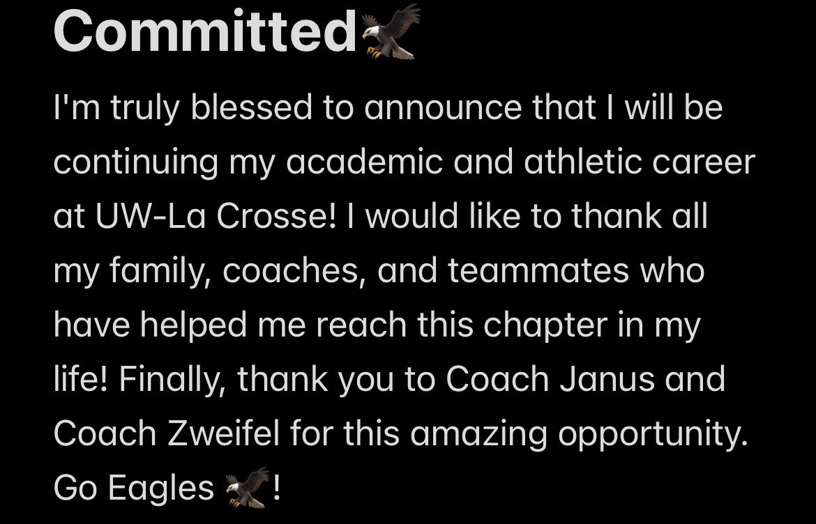 Tanek Wankowski (@wankowskitanek) on Twitter photo I’m 100% committed 🦅!! Thank you <a href="/UWLCoachJanus/">Matt Janus</a> and <a href="/CoachMZweifel/">Michael Zweifel</a> for this amazing opportunity! Thank you <a href="/coach_mcdonnell/">Coach Mac</a> and <a href="/kmlasersfb/">KM Laser Football</a> for preparing me since I came to KM my sophomore year! I can’t wait for this next chapter of my life. Go Eagles🦅!! <a href="/UWLEagleFB/">UW-La Crosse Football</a> I’m 100% committed 🦅!! Thank you <a href="/UWLCoachJanus/">Matt Janus</a> and <a href="/CoachMZweifel/">Michael Zweifel</a> for this amazing opportunity! Thank you <a href="/coach_mcdonnell/">Coach Mac</a> and <a href="/kmlasersfb/">KM Laser Football</a> for preparing me since I came to KM my sophomore year! I can’t wait for this next chapter of my life. Go Eagles🦅!! <a href="/UWLEagleFB/">UW-La Crosse Football</a>