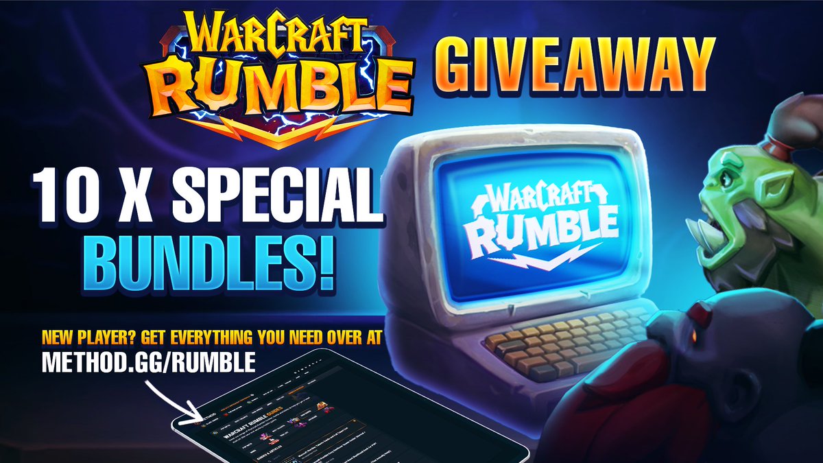 Method's tweet photo. Hey Warcraft enjoyers 👋 

In celebration of the launch of Warcraft Rumble on PC, we're giving away 10 Special Bundles kindly provided to us by Blizzard!

New player? Get everything you need at: https://t.co/QmnYq5IU4L

🧡 Like & RT
🌐 Check out: https://t.co/QmnYq5IU4L