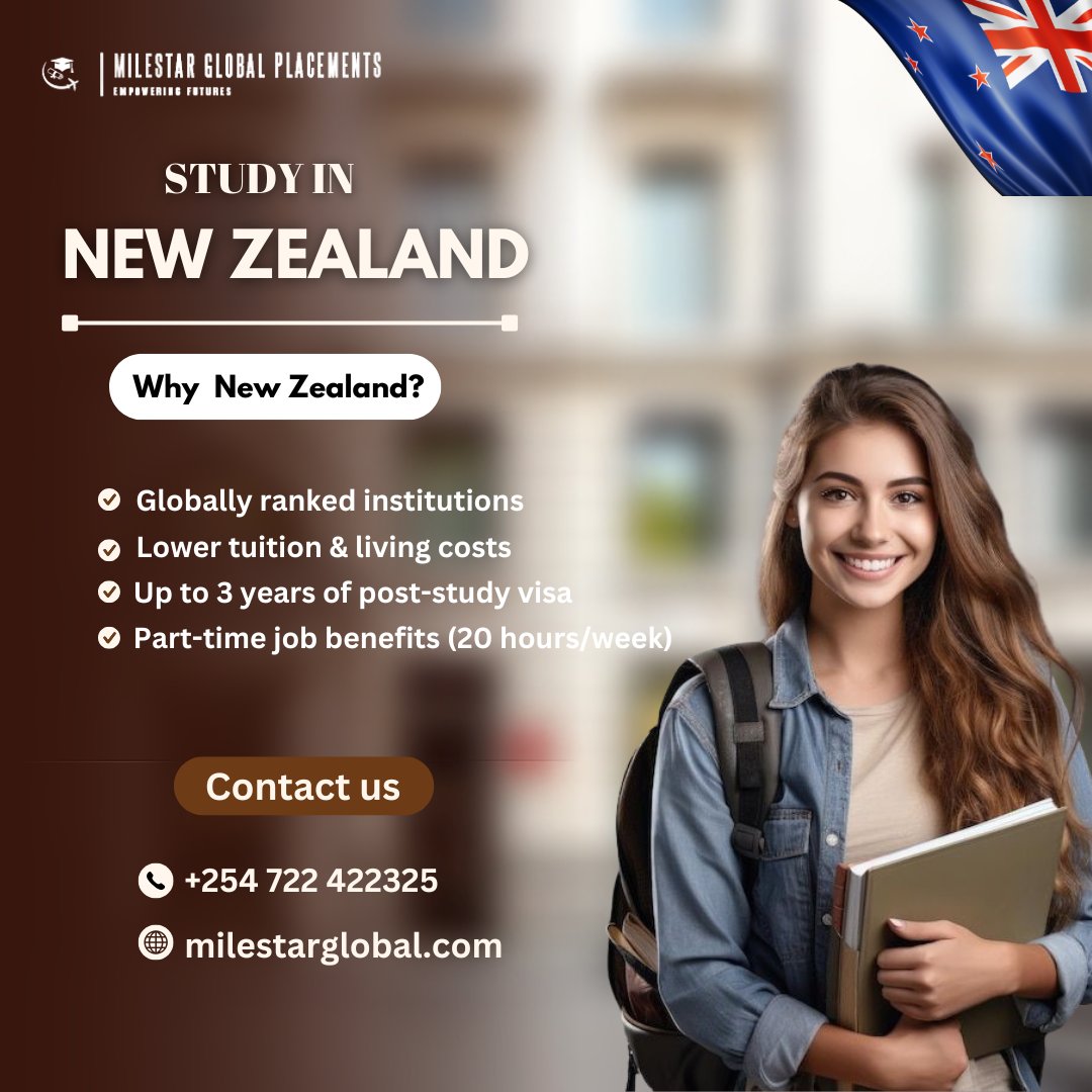 MilestarGlobal's tweet photo. 🎓 Study in New Zealand!

✅ Globally ranked universities
💰 Affordable tuition &amp; living costs
🎟️ Post-study visa (up to 3 years)
💼 Work 20 hours/week while studying

📩 Start your journey now: +254 722 422325
🌐 https://t.co/ctcIxQNsNO https://t.co/HEzm8BE171