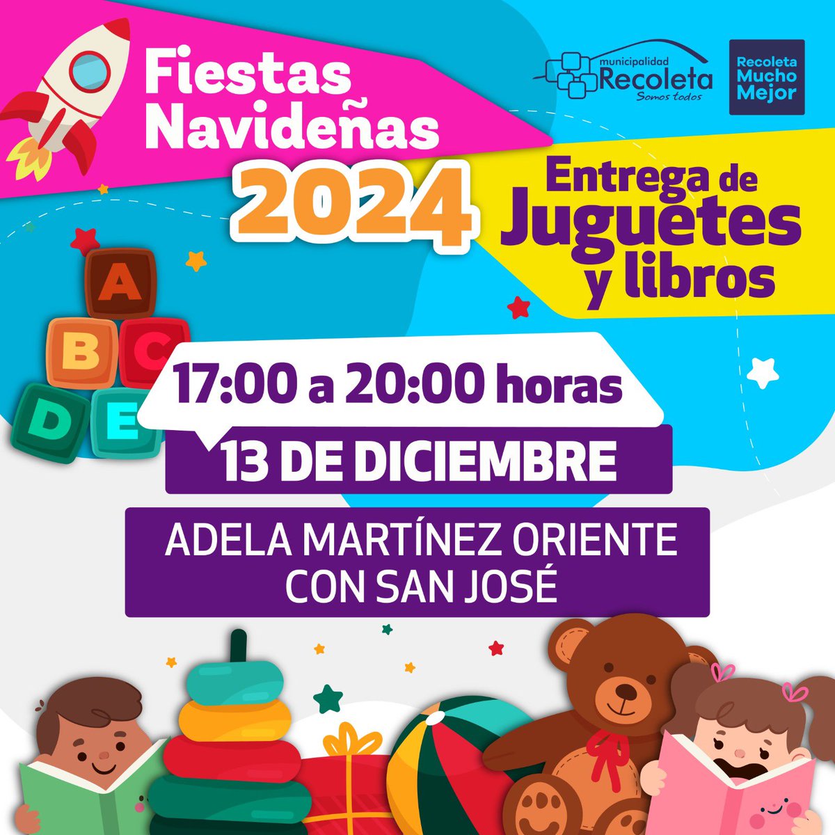 🎅✨ Navidad en Recoleta 🎁  
🌟 Continuamos con la entrega de regalos navideños en distintos barrios de nuestra comuna. ¡Ven a compartir la alegría!  
📅 Les compartimos la agenda semanal: