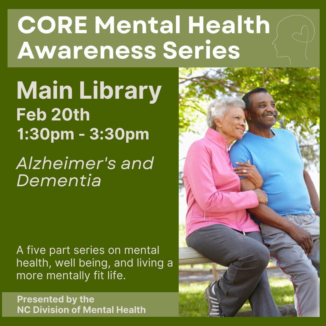 CORE Seniors age 55+ - Join us downtown at the Main Library for a five part series on mental health, well being, and living a more mentally fit life featuring different topics of interest.  Please visit our calendar at libcal.nhcgov.com to register.