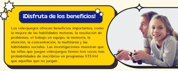 videojuegosAEVI's tweet photo. 🎮 Los videojuegos mejoran memoria, atención y trabajo en equipo.
👩💻 Las niñas que juegan tienen 3 veces más probabilidades de entrar en STEAM (Ciencia, Tecnología, Ingeniería, Arte y Matemáticas).
👉 ¡Fomenta su talento con el poder del juego!
#SeizeTheControls https://t.co/EYnV39K5tz