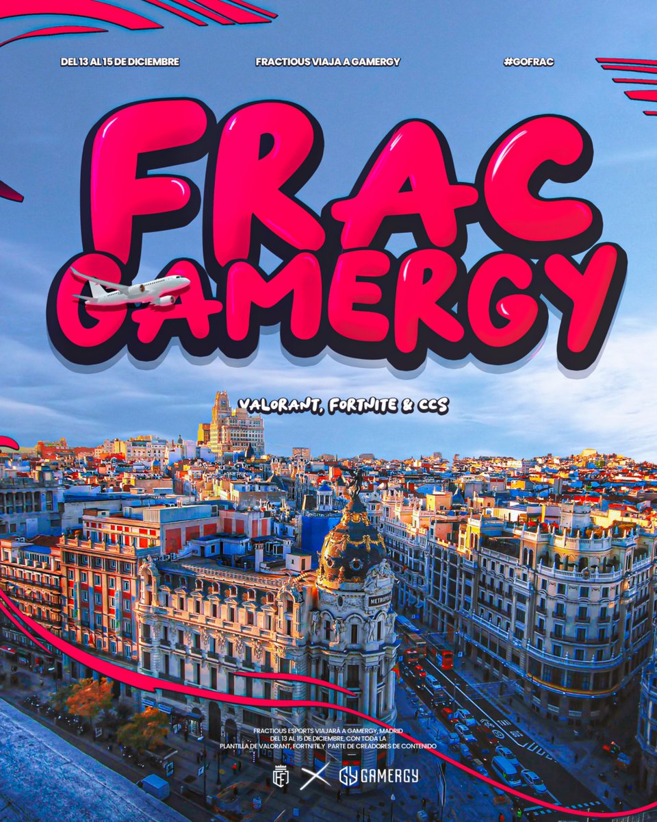 𝐍𝐎𝐒 𝐕𝐀𝐌𝐎𝐒 𝐀 𝐌𝐀𝐃𝐑𝐈𝐃 ✈️🏆

Este finde semana estaremos en <a href="/GAMERGY/">GAMERGY</a>, compitiendo en Valorant y acompañados de la plantilla de Fortnite y CC’s 😁

#GoFractious 💜