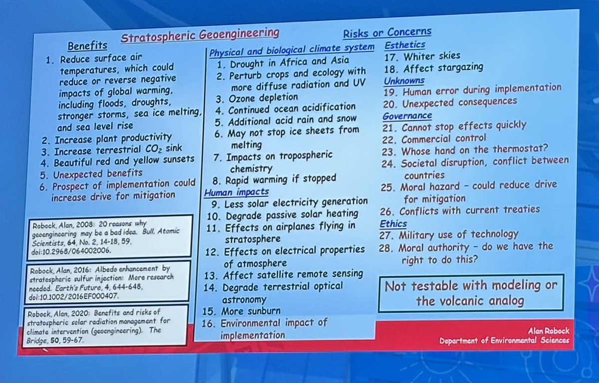 At AGU plenary session focused on climate intervention (geoengineering) 

Bottomline is that risks/concerns are many and serious. Here’s Alan Robock’s latest list of potential benefits versus risks/concerns. Note resource citations as well. Dr. Robock is a top expert on the topic