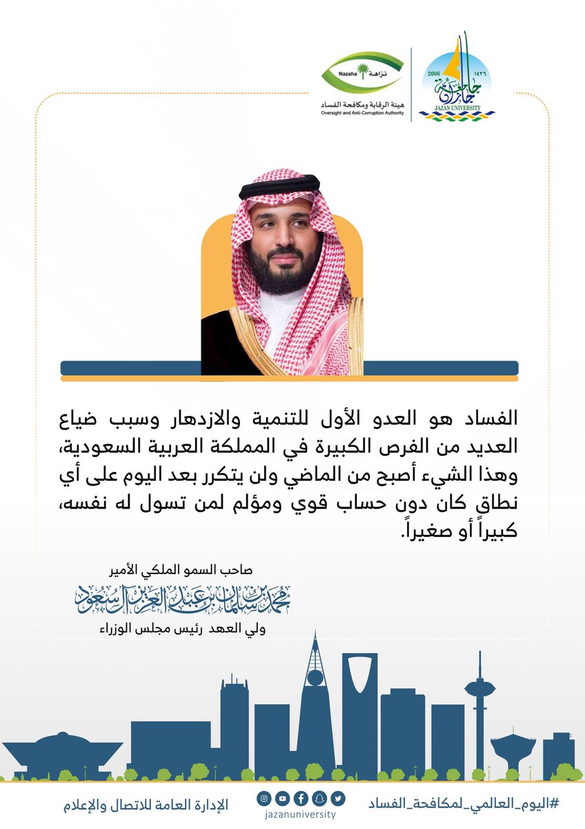 سمو #ولي_العهد: 
الفساد هو العدو الأول للتنمية والازدهار وسبب ضياع العديد من الفرص الكبيرة في المملكة. 
#اليوم_العالمي_لمكافحة_الفساد 
#جامعة_جازان