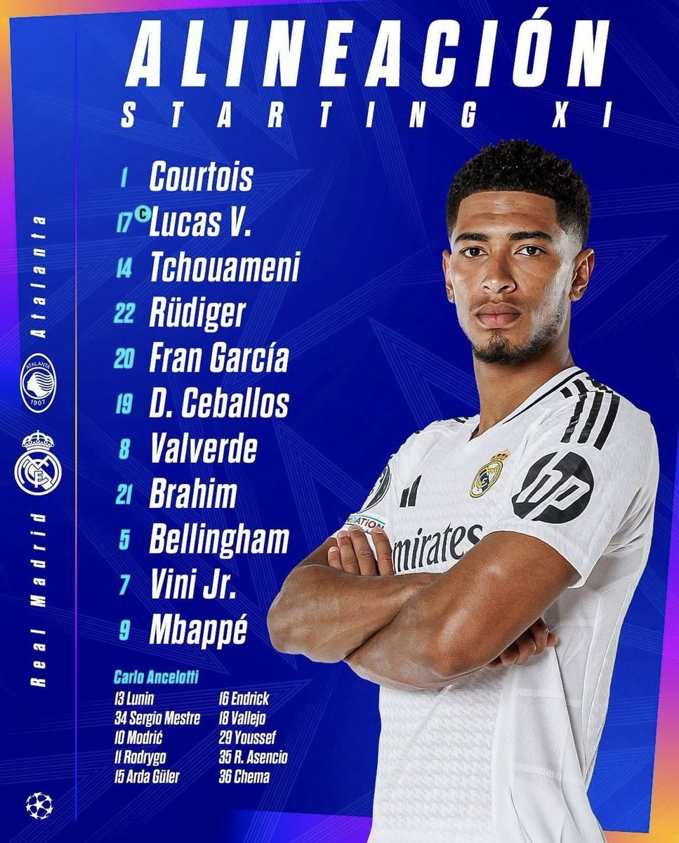 futbolConJC's tweet photo. ¡Alineación oficial del Real Madrid para el encuentro de hoy en Champions league vs atalanta! Vuelve vini jr al XI inicial #RealMadrid #atalanta #champions #championsleague #vinijr #vinicius #mbappe https://t.co/Pnn1A63WPy