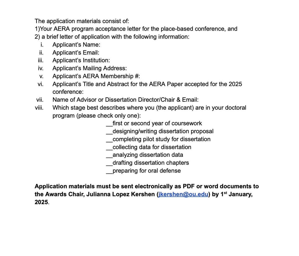 We are looking to award a graduate student with a travel funding grant to AERA in Denver in April 2025. Please see attached instructions for applying. Deadline is January 1.