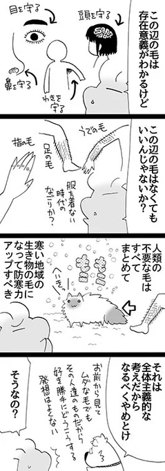 四コマ「毛の考察2」

毛だって私の手足に無駄に生えるより、寒い地域で凍える生き物の防寒の為に生えたいと思うんです。

#御かぞくさま御いっこう #四コマ漫画 