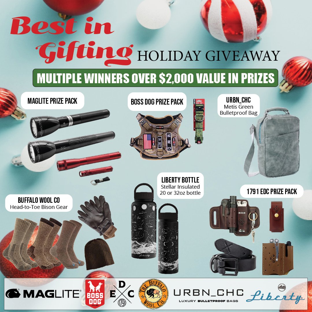 DandLPR's tweet photo. @MAGLITE  has partnered with 1791 EDC, @BuffaloWoolCo, @LibertyBottles, URBN_CHC, and @bossdogbrand to bring you a great holiday #giveaway. No purchase necessary. Enter at https://t.co/P4TFs7nJFT #holidaysweepstakes https://t.co/eXoX9SauAj