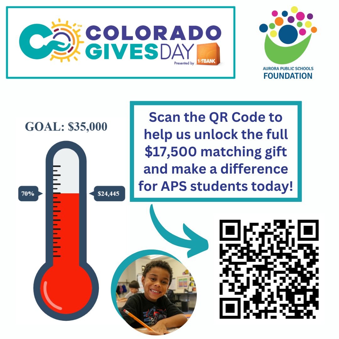 The APS Foundation (@aps_foundation) on Twitter photo 🌟It's Colorado Gives Day! 🌟
Today, your donation can have double the impact for <a href="/aurorak12/">Aurora Public Schools</a> students! Thanks to a generous matching gift from <a href="/AcademyRfgInc/">Academy Roofing Inc.</a>, every dollar up to $17,500 will be matched.
Help us reach our goal and make a difference today!
coloradogives.org/organization/a… 🌟It's Colorado Gives Day! 🌟
Today, your donation can have double the impact for <a href="/aurorak12/">Aurora Public Schools</a> students! Thanks to a generous matching gift from <a href="/AcademyRfgInc/">Academy Roofing Inc.</a>, every dollar up to $17,500 will be matched.
Help us reach our goal and make a difference today!
coloradogives.org/organization/a…
