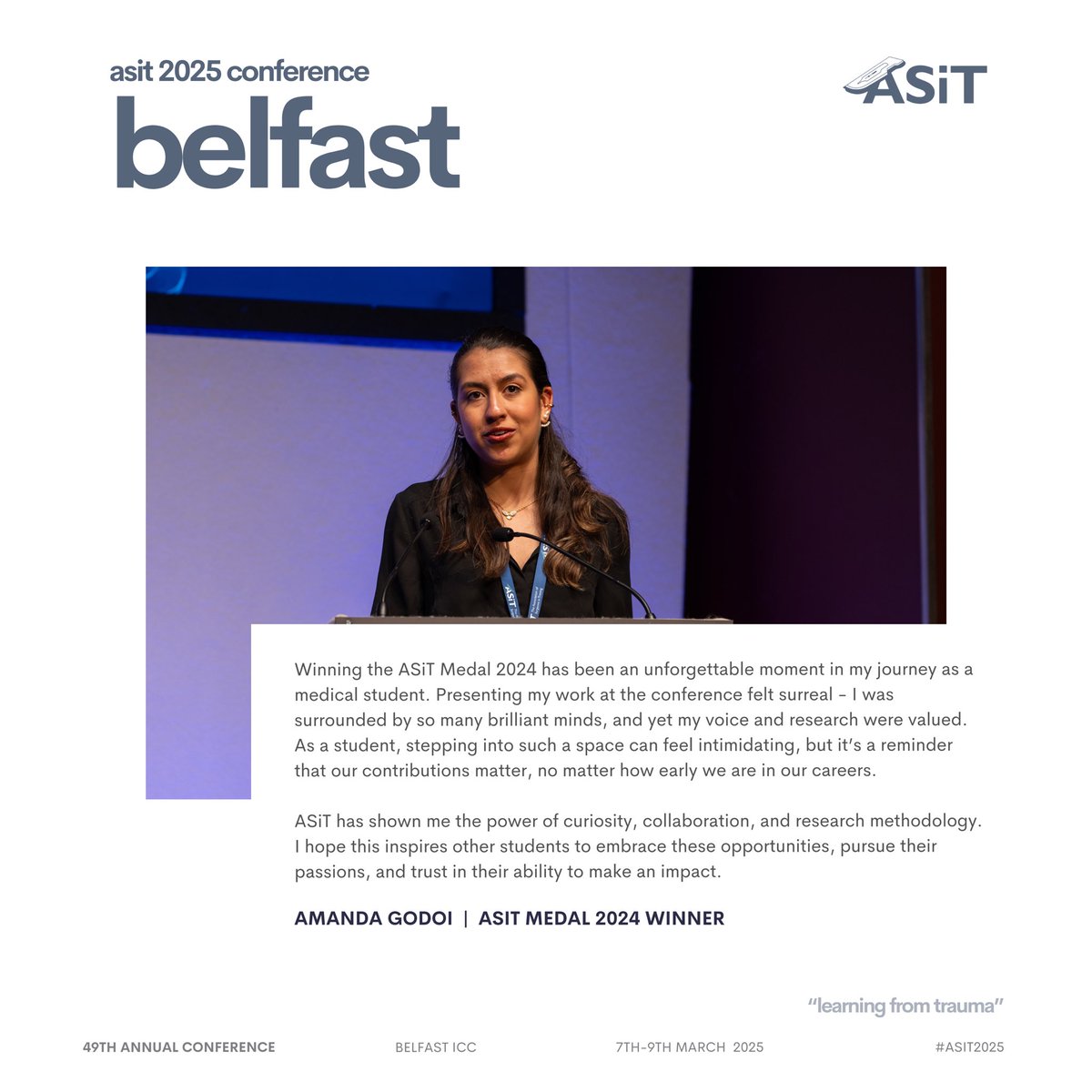 ASiTofficial's tweet image. Meet the 2024 ASiT Medal winner – a true testament to high-quality research at ASiT’s conference 

Will you be next in Belfast 2025? 

🔗 tinyurl.com/ASiT2025

#ASiT2025 #LearningFromTrauma