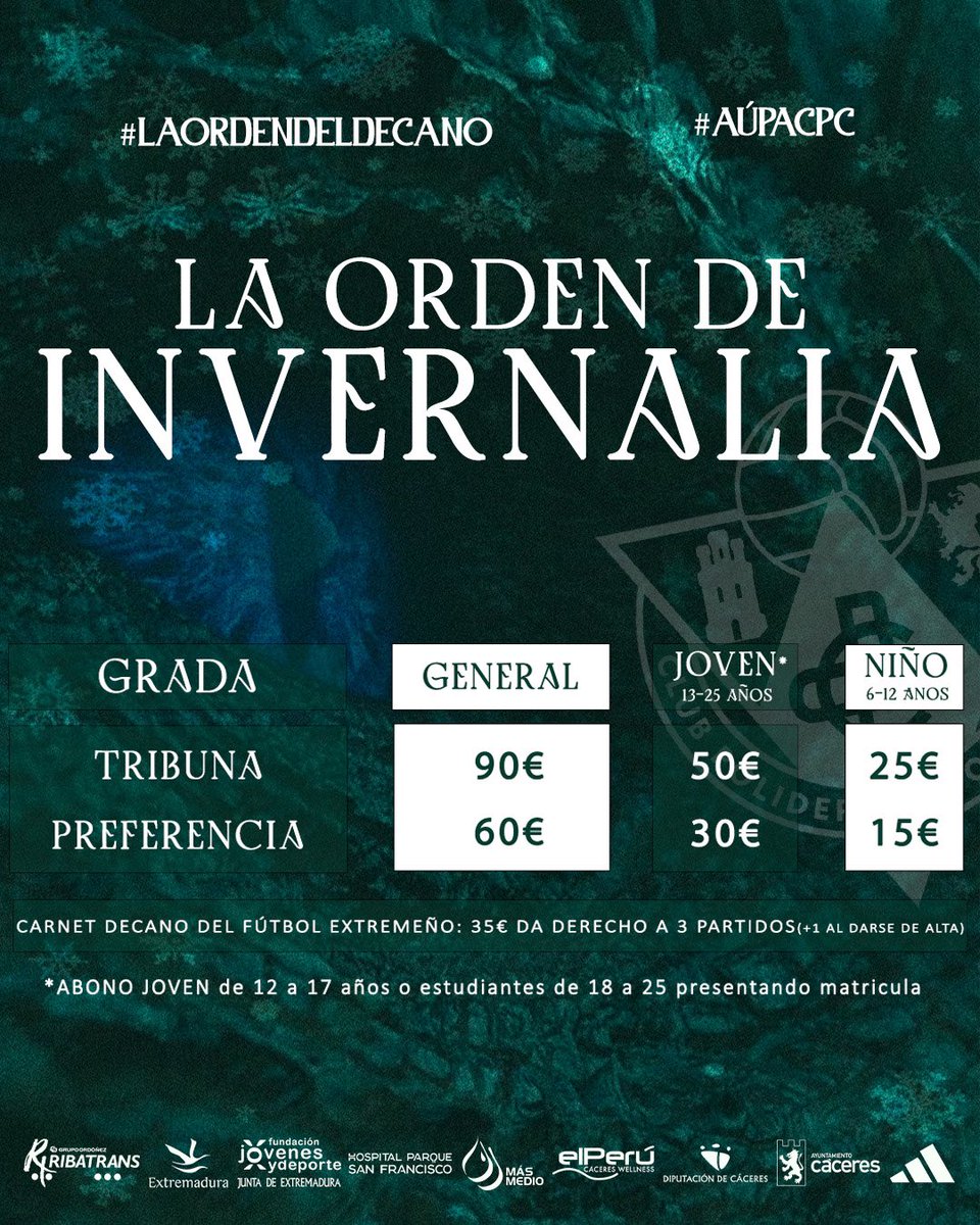⚽️ 𝑳𝑨 𝑶𝑹𝑫𝑬𝑵 𝑫𝑬 𝑰𝑵𝑽𝑬𝑹𝑵𝑨𝑳𝑰𝑨 ❄️

💚 #LaOrdenDelDecano necesita refuerzos en su frente para esta segunda vuelta. 

🙌 ¡Anímate, nuestros caballeros necesitan el calor de su afición! 

🖥️ Más información en: cpcacereno.com/la-orden-de-in…

#LaOrdenDeInvernalia #AúpaCPC