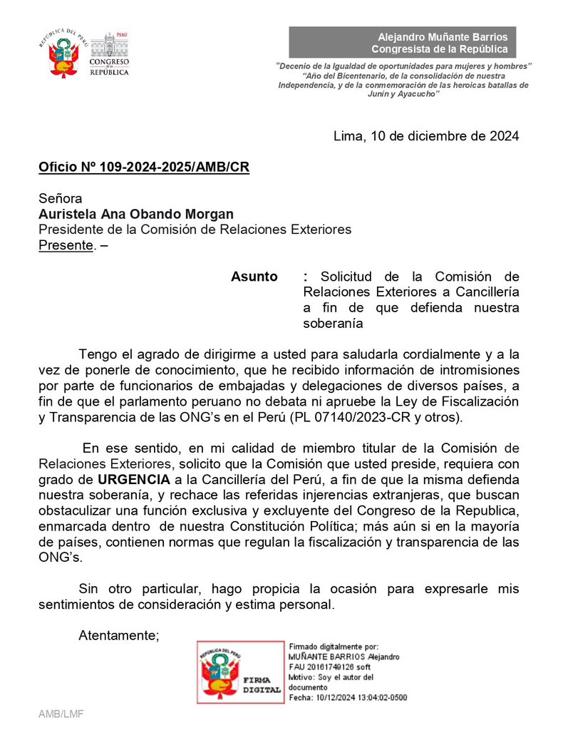 🚨#LoÚltimo | ¡Basta de injerencias extranjeras! He solicitado a la presidente de la Comisión de Relaciones Exteriores, Auristela Obando, que requiera con urgencia a la <a href="/CancilleriaPeru/">Cancillería Perú🇵🇪</a> defender nuestra soberanía frente a las intromisiones extranjeras que buscan obstaculizar el
