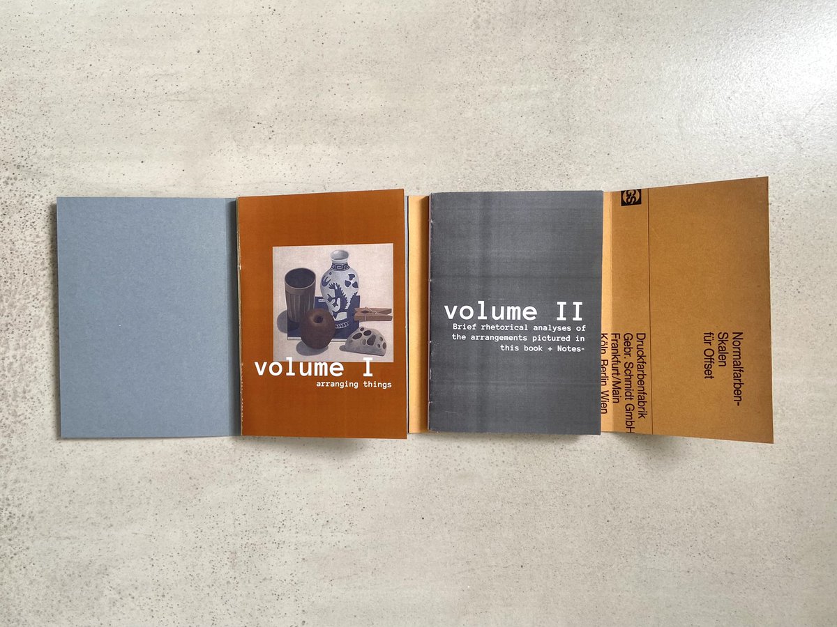 industrielegie's tweet image. latest graphic design experiment: redesign and print of the book Arranging Things. divided into two different volumes with a dust jacket. text and images are arranged multiple ways over the pages. the jacket was printed on different secondhand papers.