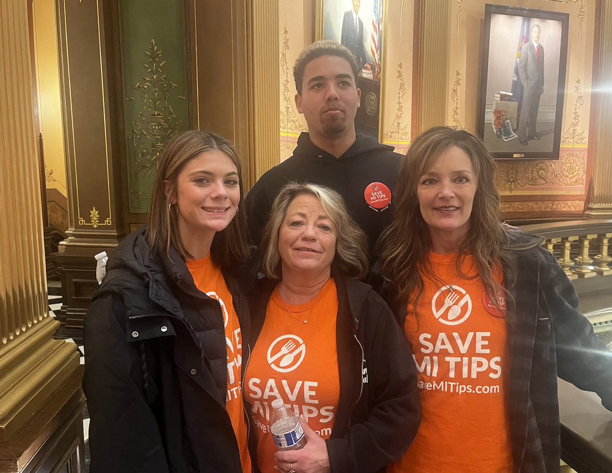 Wait staff with <a href="/SaveMITips/">SaveMITips</a> are in the MI Capitol calling on lawmakers to block the gradual elimination of the state's tipped wages system. 

Michele Kind (middle of the photo) is a waitress of 20 years. She says she's missing out on probably $250 in tips by being here today.