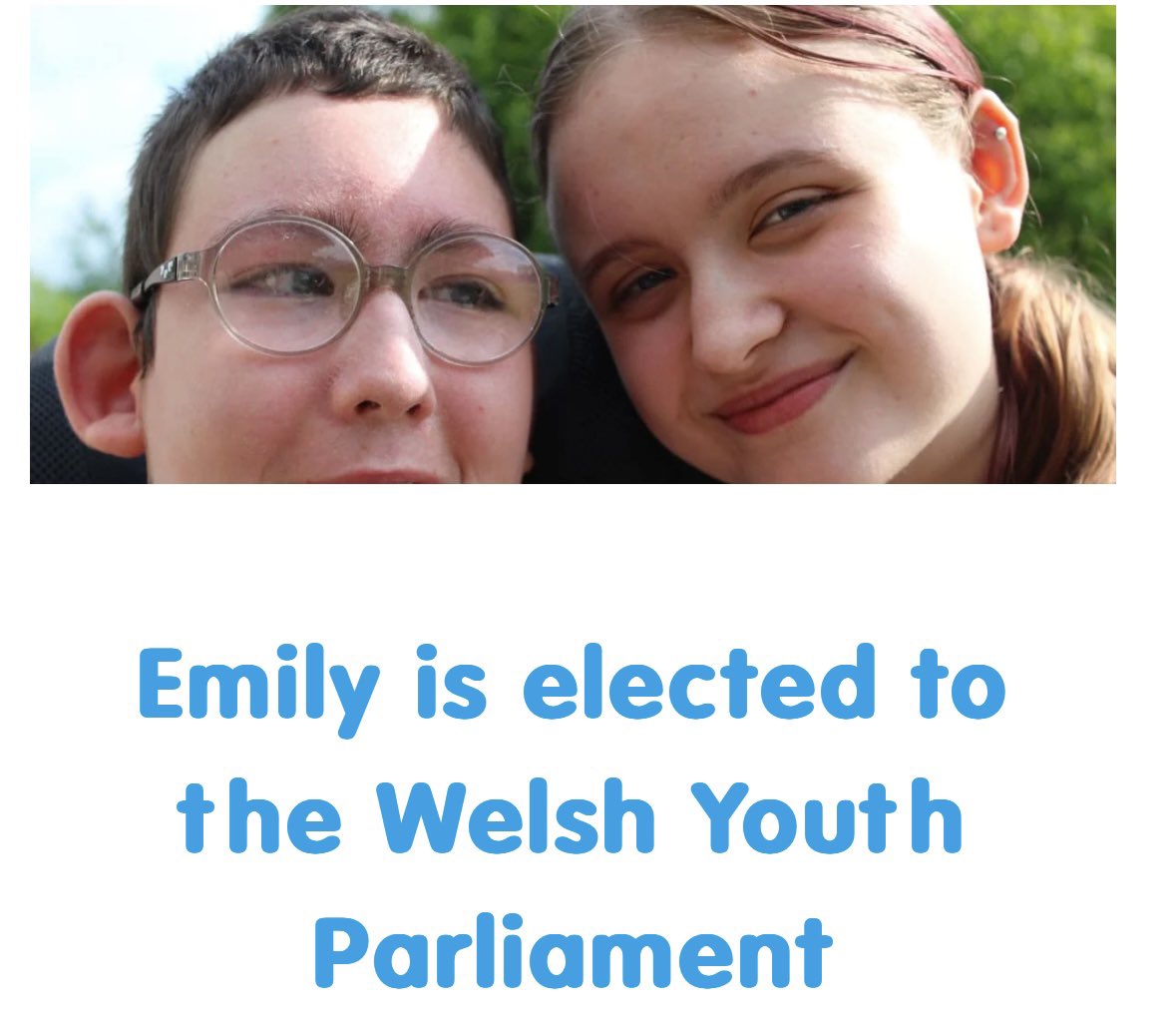 DavidHughes6ed (@davidhughes6ed) on Twitter photo Huge congratulations to Emily Williams who has been elected to the Welsh Youth Parliament to represent children with life-threatening conditions who use Wales’ two children’s hospices, and their brothers and sisters. Huge congratulations to Emily Williams who has been elected to the Welsh Youth Parliament to represent children with life-threatening conditions who use Wales’ two children’s hospices, and their brothers and sisters.