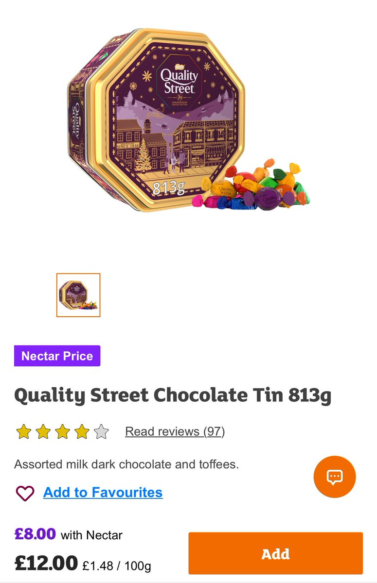 SueLilley's tweet photo. @sainsburys can you explain to me why I have been charged £10 for a tin of Quality Street when it’s being advertised as as £8 with Nectar? I’ve only had £2 taken off instead of £4. https://t.co/kDxaBYFjk8