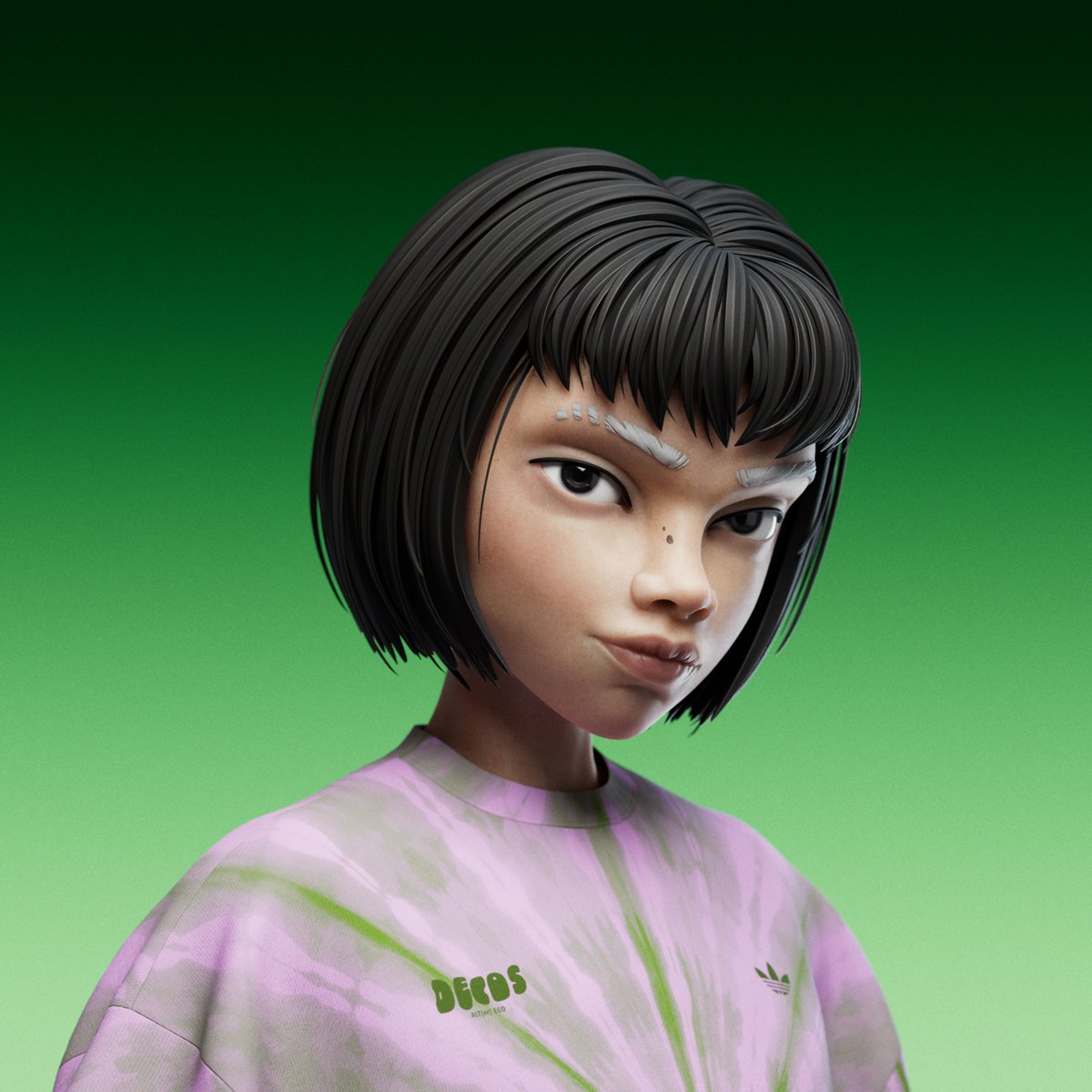 DDTsCRYPT's tweet image. @altsbyadidas Reveal. I'd buy this tee-shirt. Honestly this is a very clean PFP. Color match shirt/background and the dark eyes / hair. Vibing.  #Decos