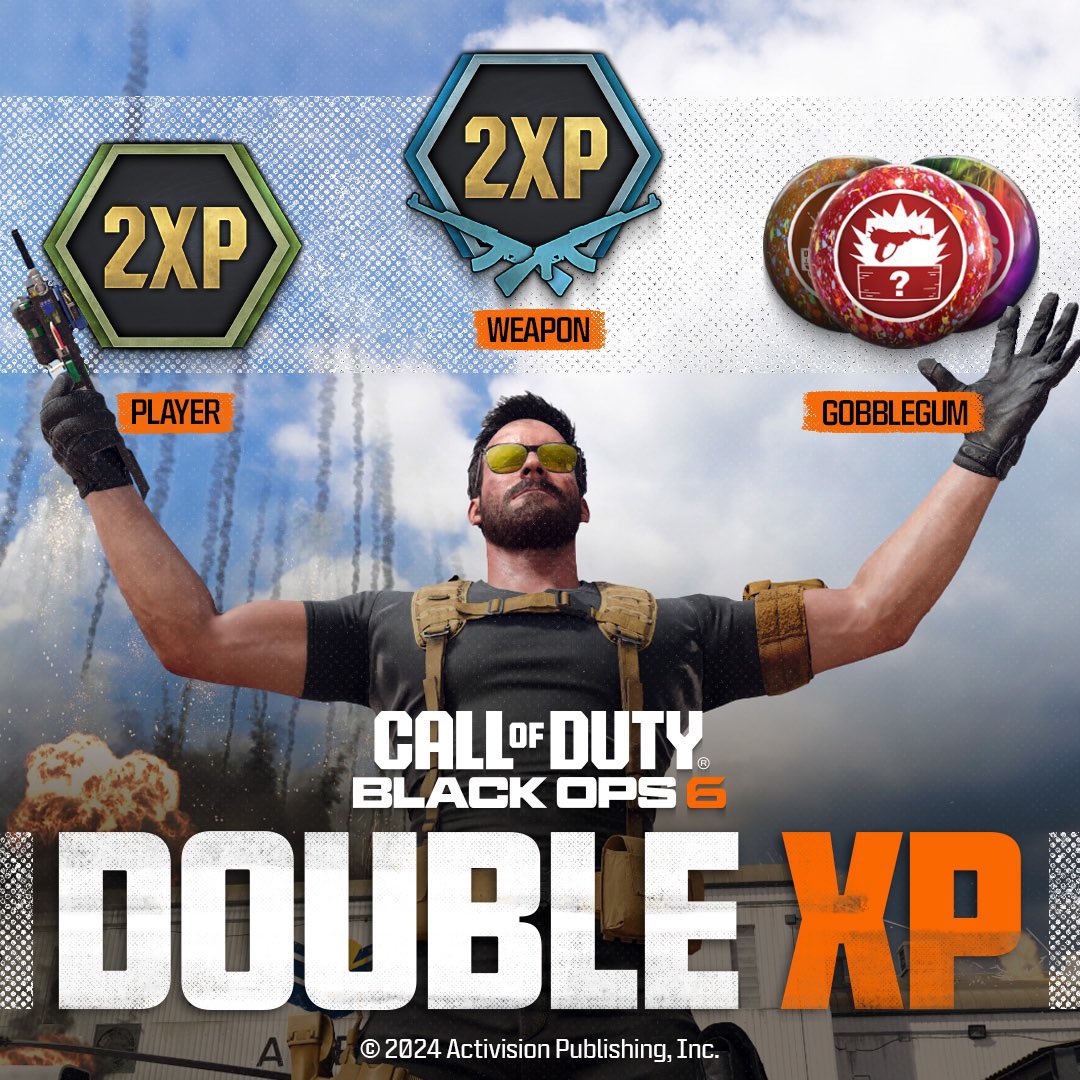 ModernWarzone's tweet image. 🚨 TRIPLE DOUBLE XP 🚨

Starting Friday the following forms of Double XP will be turned on in Black Ops 6 along with the start of the BO6 free trial for MP and Zombies!

• Double Player XP ✅
• Double Weapon XP ✅
• Double Battle Pass XP ✅
• Double Gobblegum Earn Rate ✅