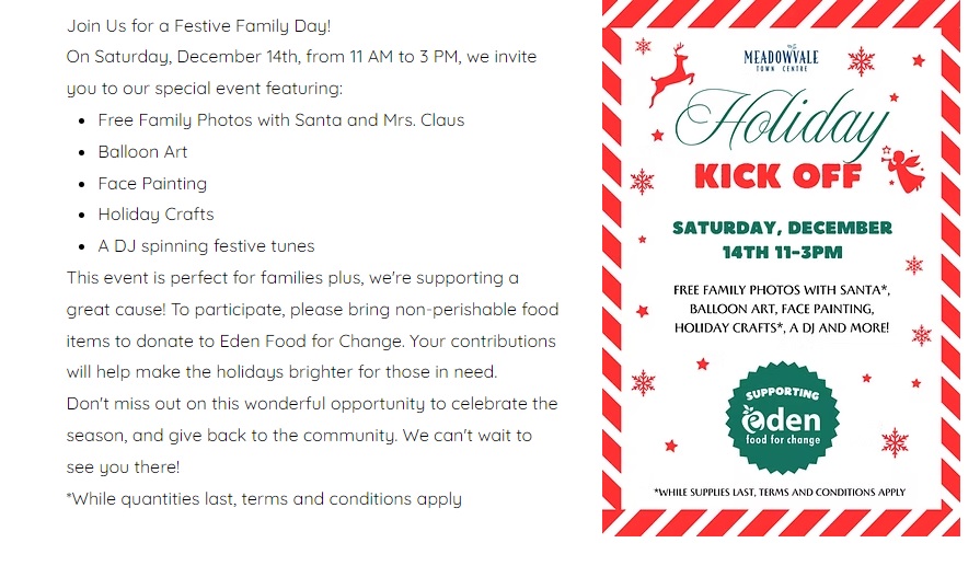 Reid4Ward9's tweet photo. Meadowvale Town Centre is hosting a Festive Family Day event on Saturday, December 14th, from 11 AM to 3 PM. For details: https://t.co/86UIxGiW3S https://t.co/VZIaewiAWA