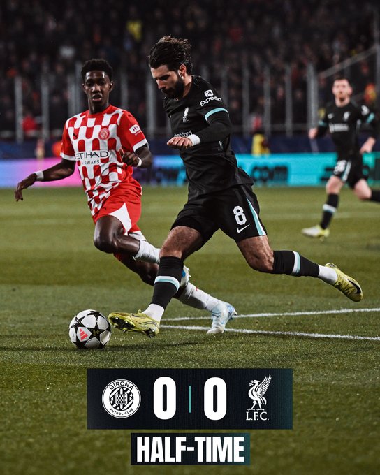 Half-time graphic for Girona vs Liverpool.

The half-time score is Girona 0-0 Liverpool.