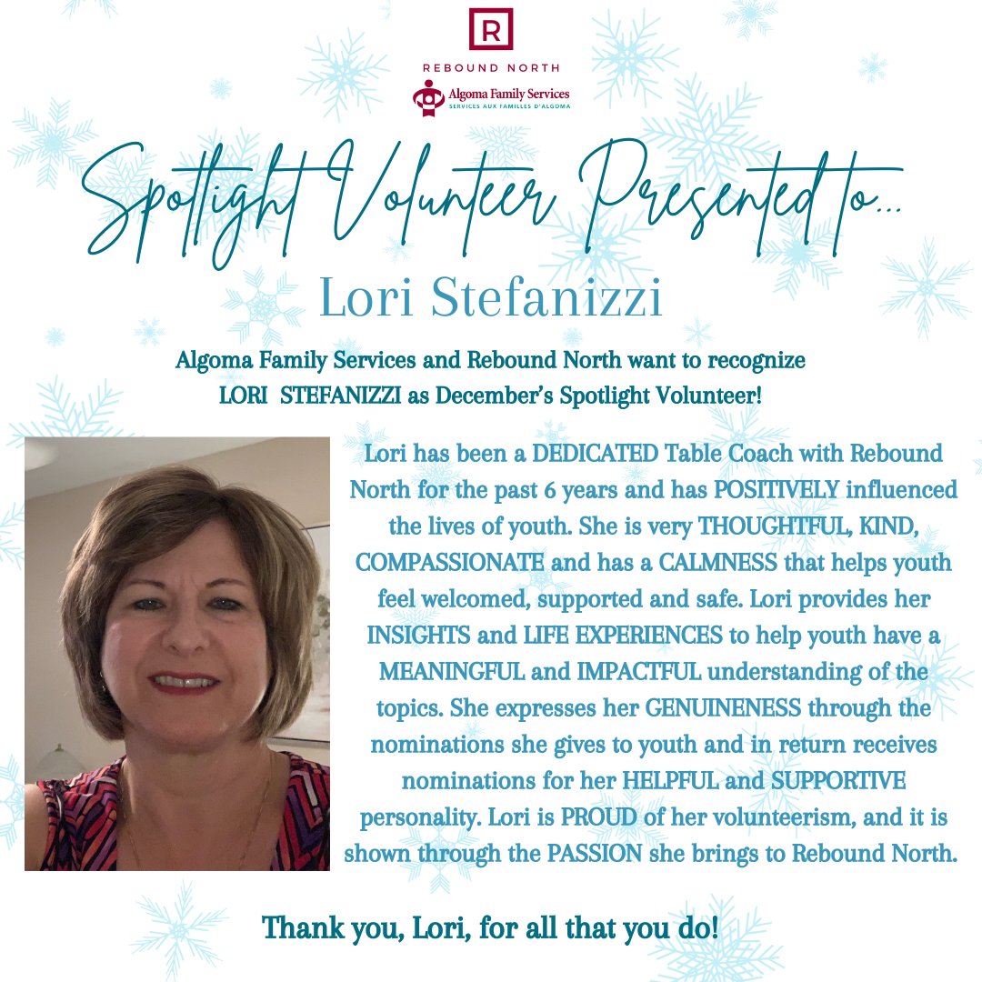 AlgomaFS's tweet photo. Algoma Family Services and the Rebound North Program are pleased to recognize Lori Stefanizzi as December's Spotlight Volunteer! Thank you Christina for all you do! #ThankYou #Rebound #Volunteer #AFS https://t.co/ZjygX6hMHP