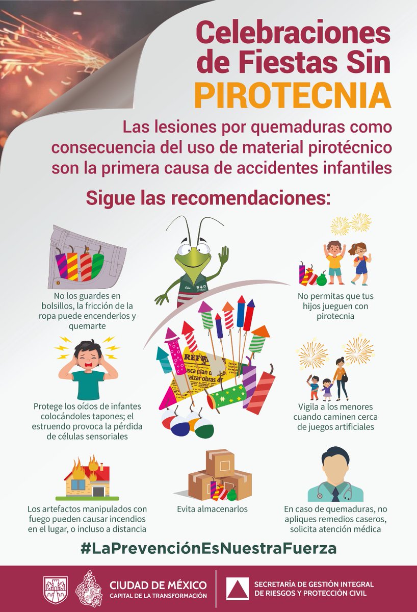 SGIRPC_CDMX's tweet photo. En estas fiestas decembrinas, no utilices pirotecnia. Sigue las recomendaciones:

▶️No dejes que los niños jueguen con pirotecnia.
▶️Protege sus oídos
▶️En caso de quemaduras, no apliques remedios caseros
▶️No guardes cohetes en los bolsillos

#LaPrevenciónEsNuestraFuerza https://t.co/BrjzlzLK4a