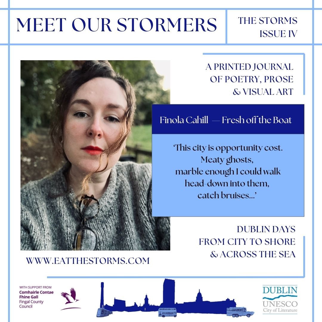 A place for every Storm ⚡️

‘This city is opportunity cost’

Fresh off the Boat is a poem by <a href="/Finolala/">Finola Cahill</a> featured in Issue 4 of The Storms, Dublin Days, from city to shore and across the sea, seen here by the Jeanie Johnston three-masted barque in the River Liffey